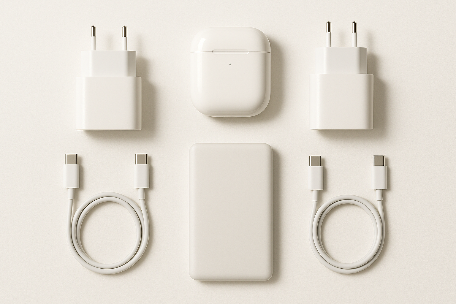 A minimalistic flat lay of tech accessories including two USB chargers, a wireless earbud case, a power bank, and USB-C cables on a clean white background with soft shadows, photographed in a modern high-resolution ecommerce style.